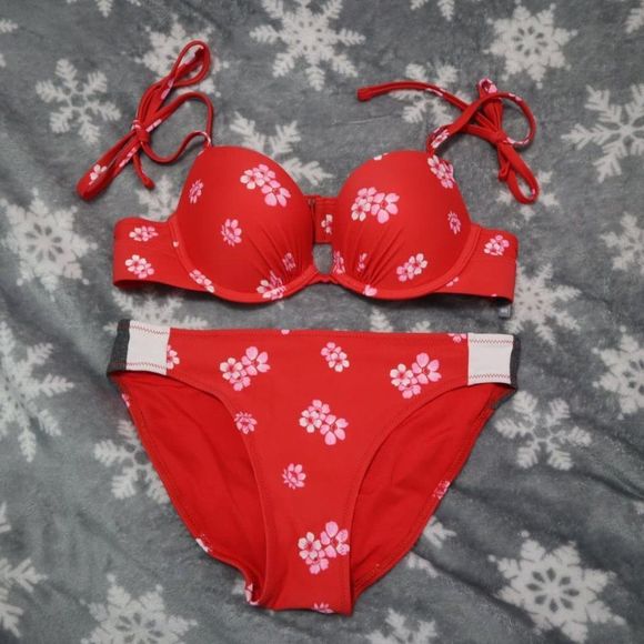 aerie Other - BIKINI XS 32B Aerie Swim Set Underwire Cherry Blossoms Red Pink Sakura Spring